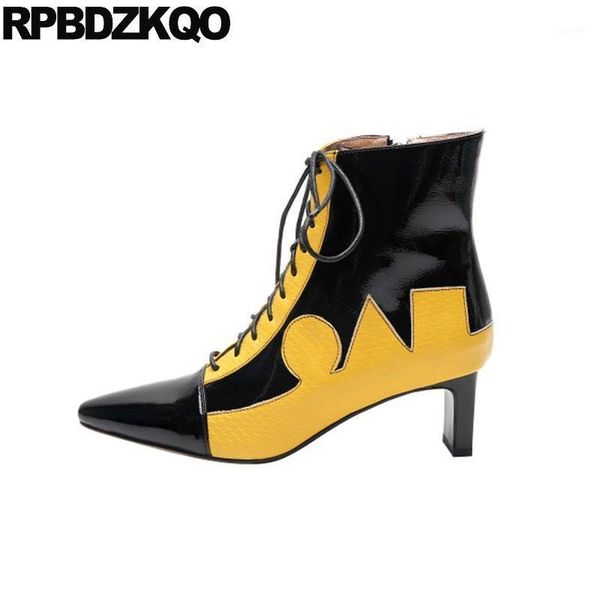 

lace up patchwork shoes chunky autumn genuine leather luxury yellow booties patent women ankle boots medium heel pointed toe1, Black