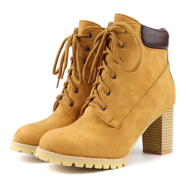 

casual riding boots round toe ankle boots lace-up color matching platform black yellow brown thick high heels women's shoes