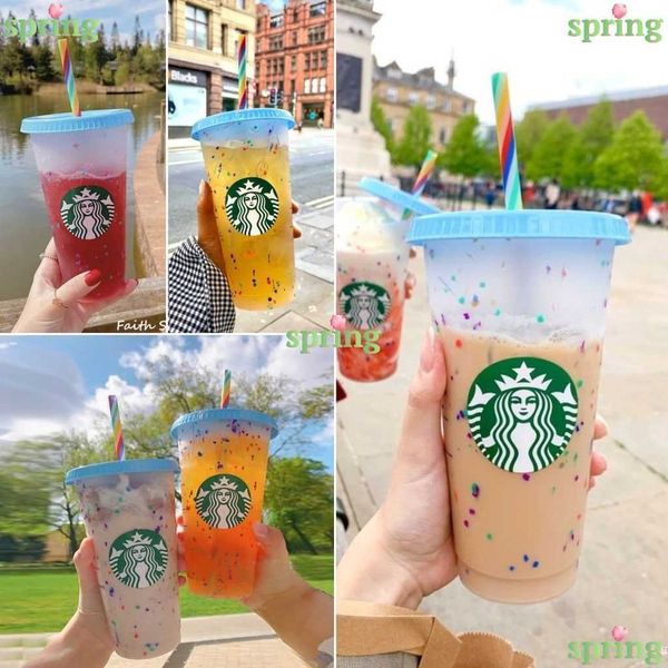 

ready stockstarbucks color changing confetti reusable plastic tumbler with lid and straw cold cup, fl oz, of or spring