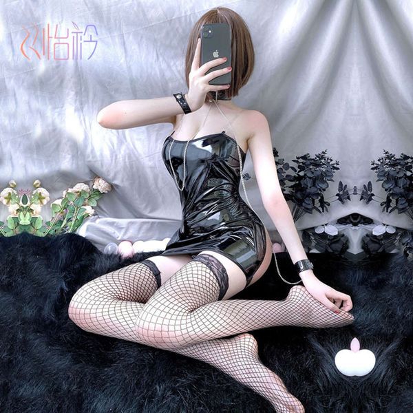 

lingerie roleplaying chain leather yijin cloth open back binding temptation set, Black;white