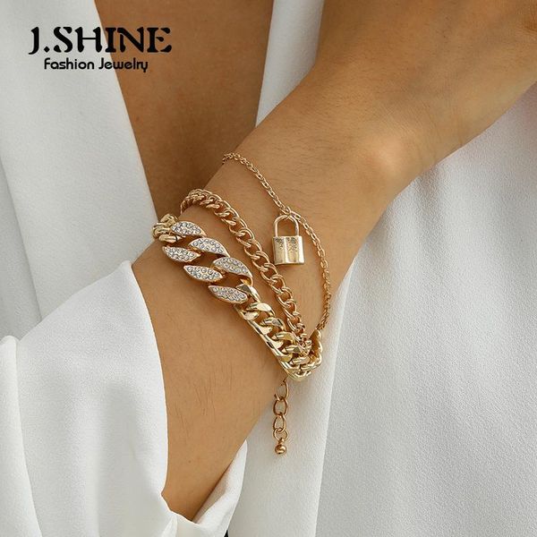

charm bracelets jshine vintage punk crystal lock pendant set for women men iced out rhinestones cuban chain hand jewelry, Golden;silver