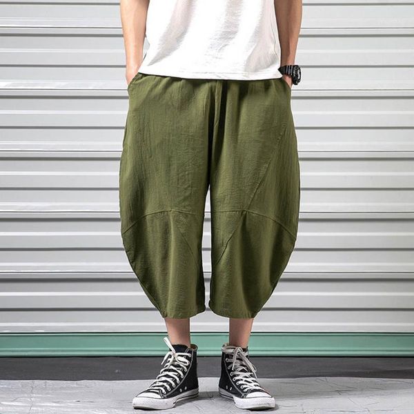 

5xl men's wild crotch harem pants summer baggy pants men's summer fashion leisure pure color linen loose ankle-length z4131, Black
