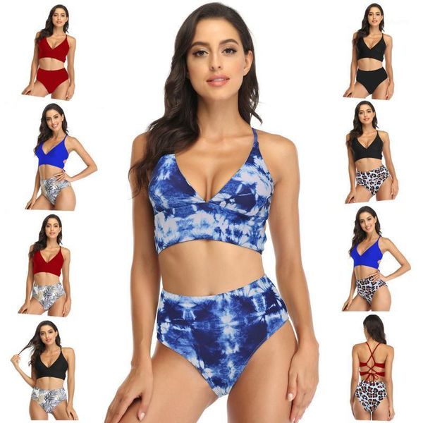 

2020 new style tie-dye printed high waist bikini two-piece swimsuits multi-color back cross lace-up bikini1, White;black