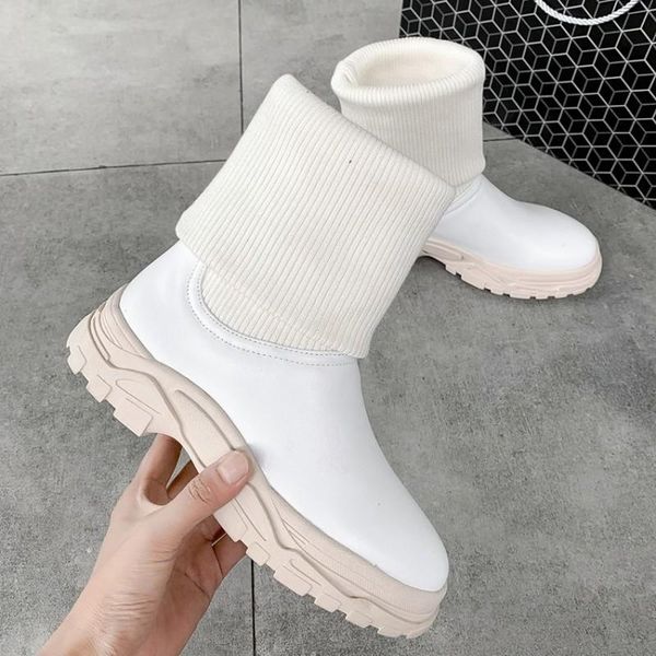 

mid-теленок сапоги вязание sneaker женщины высокого топ носок flat туфли на платформе легкие дышащие повседневный толстым дном обувь maziao, Black