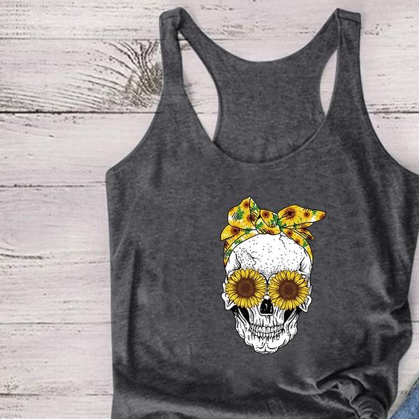 

skull scraf sunflowers printing tank women sleeveless summer tank for girls loose vest ladies aesthetic ropa de mujer, White