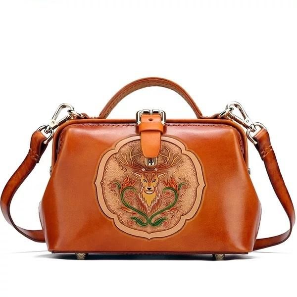

vintage genuine leather engraved deer designer women's small clutch purse bag handmade tan color lady cross shoulder bag