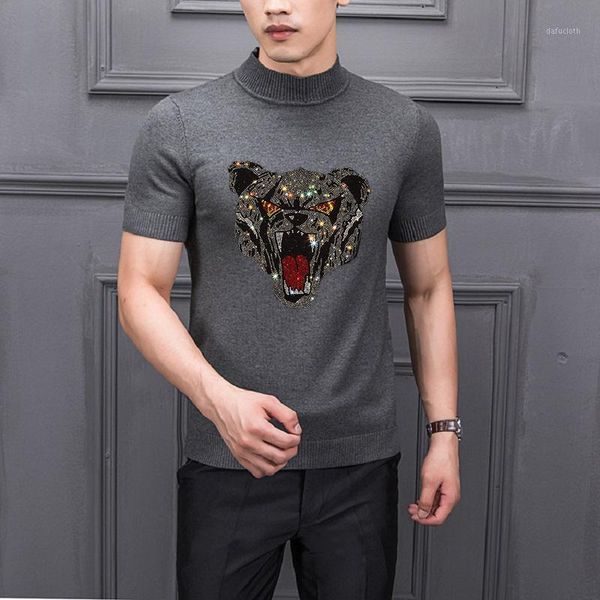 

rhinestones in stock good quality sweater exaggerated pattern black knitted brand men's t-shirt short sleeves1, White;black