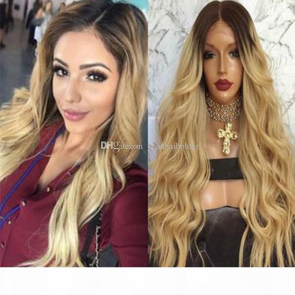 

dark root brown blonde ombre lace front wig brazilian human hair loose wave two tone full lace wig for black women ing, Black;brown