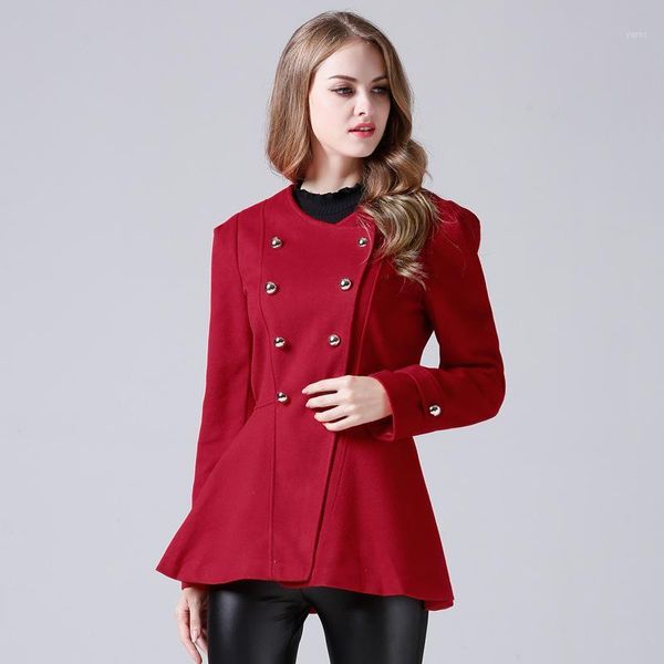

slim fashion women short wool blend coat o-neck solid cashmere jacket double breasted full sleeve ladies coats1, Black