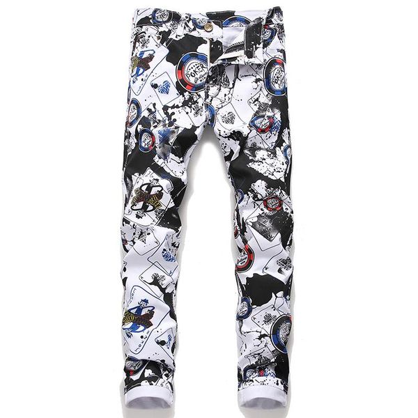 

new digital printing casual jeans pants men's slim korean flower pants fashion nightclub white stretch graffiti print, Blue