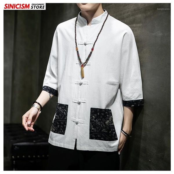 

sinicism store black patchwork chinese style shirt mens fashion 2020 summer print mens shirts male whiter buckle shirt clothing1, White;black