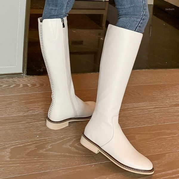 

boots women genuine leather square heels knee high round toe zip autumn winter fashion comfy black white shoes 20211