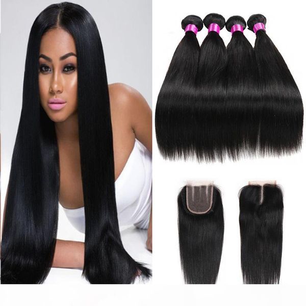 

malaysian virgin straight hair with closure bundles with 4*4 closure hair extensions unprocessed human hair lace closure, Black