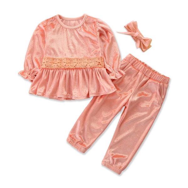 

clothing sets 1-6y kids baby girl long sleeve skirted velvet t-shirt pant headband 3pcs girls set, White
