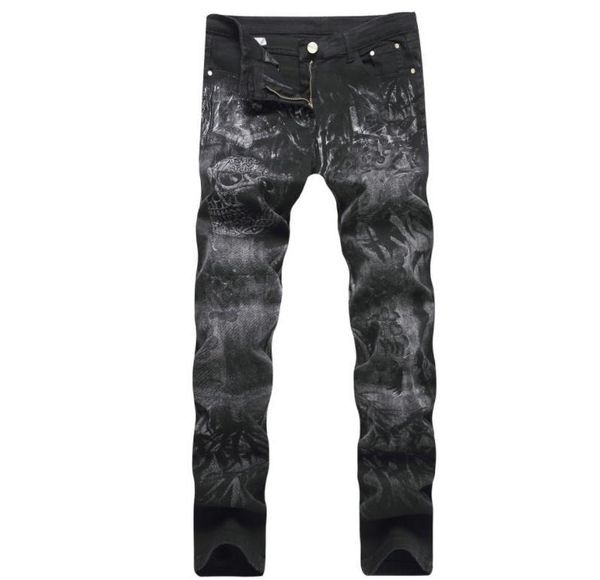 

street hip hop high stretch jeans men's print skull straight casual black pant