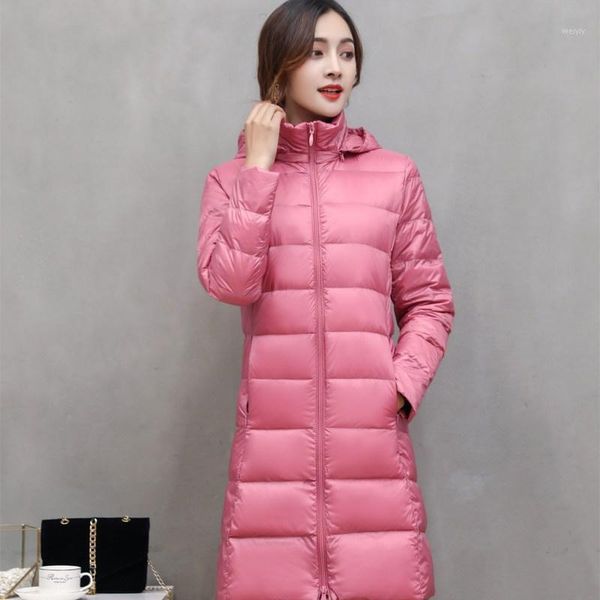 

women new autumn winter white duck down jacket female ultra light slim thin zipper hooded coat ladies warm long down outwear q061, Black