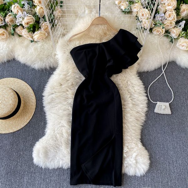 

2021 new female party singiny off the asymmetric shoulder pencil collar dressed summer dress g1ha, Black;gray