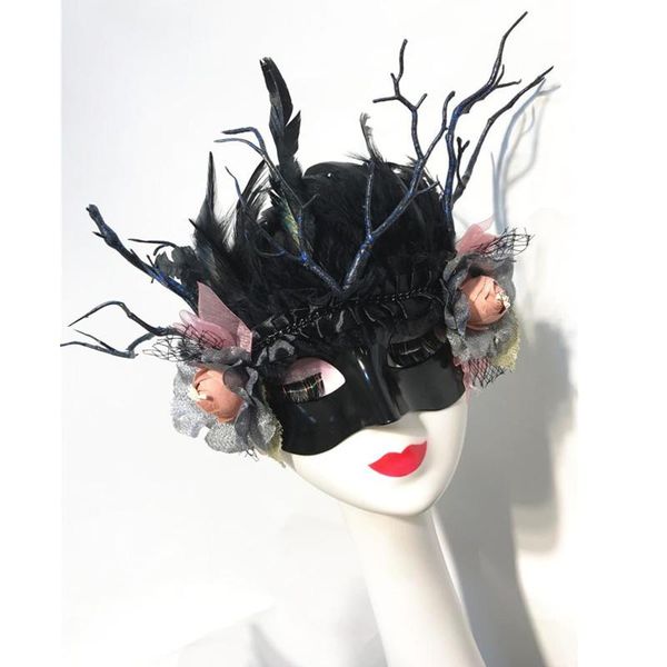 

handmade black feather branch flower mask halloween cosplay props masquerade party show masked singer bar club stage accessories, Black;red
