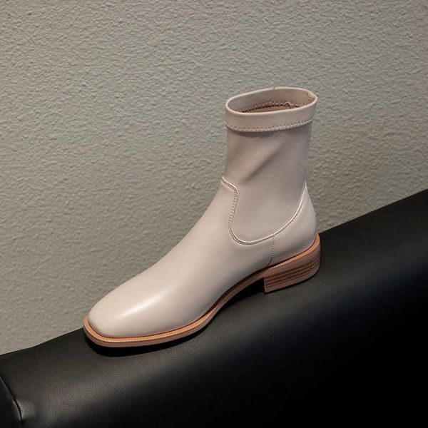 

ymechic fashion black beige slip on chunky heels womens boots autumn spring elastic stretch pu ankle boots woman booties shoes