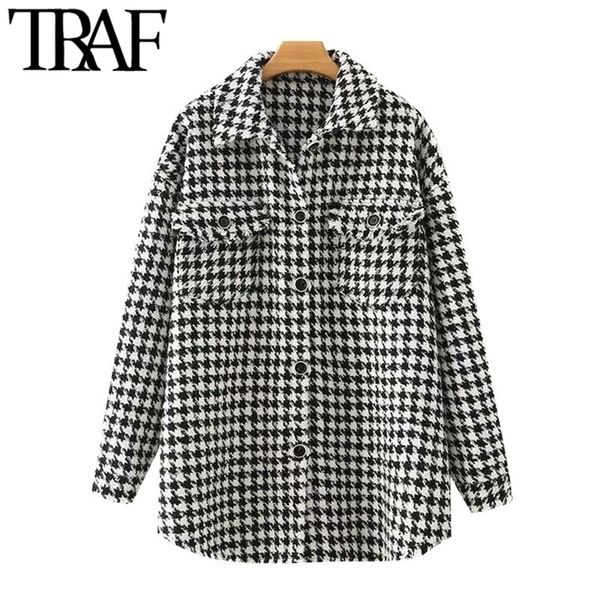 

traf women fashion oversized houndstooth frayed tweed jacket coat vintage long sleeve pockets female outerwear chic 201109, Black;brown