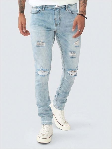

men ripped washed tapered jeans a83c#, Blue