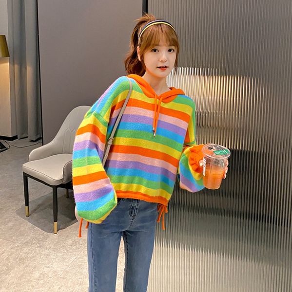 

радуга свитер женщина носит свободный пуловер пуловер pulloversweater короткий 2020 новый шлют корейские трикотажные куртки khjf0, White;black