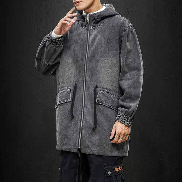 

2020 new spring men's wash denim medium length jacket windbreaker, Tan;black