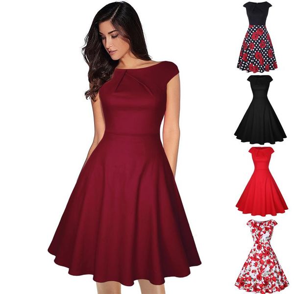 

retro big swing party dresses slim round neck waist slim dress, Black;gray