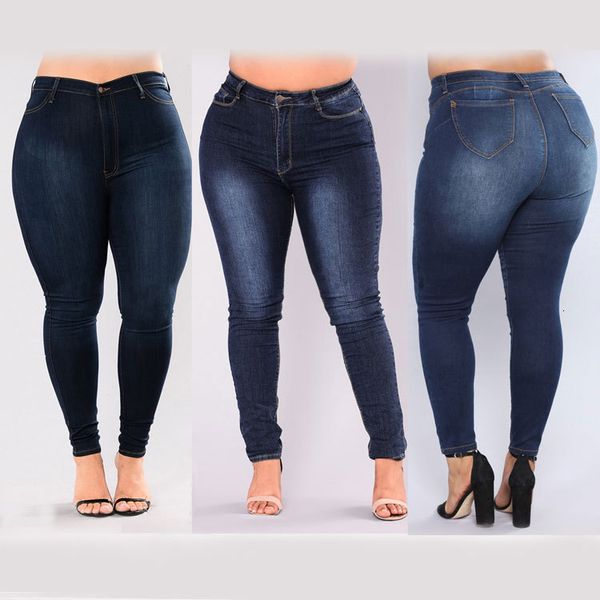 

high waist elastic slim fit large mm women's jeans leggings, Blue