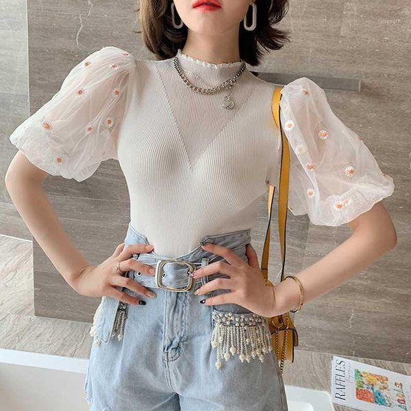 

summer women's puff sleeve knitted shirt short sleeve korean ins small daisy mesh stitching knitted shirt1, White