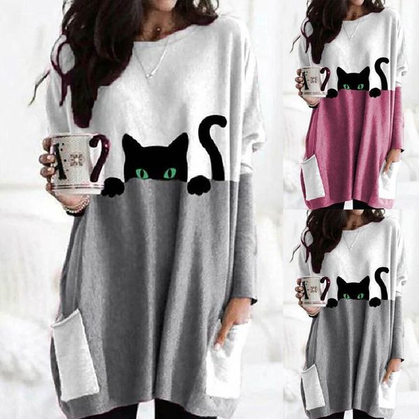 

plus size fashion 3d cat print blouse shirt pockets o-neck tee casual winter ladies female women long sleeve blusas pullover1, White