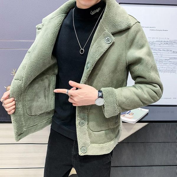 

2020 autumn winter men lamb feather warm jacket youth handsome short coat double-sided woolen coat male korean trend plus size, Black