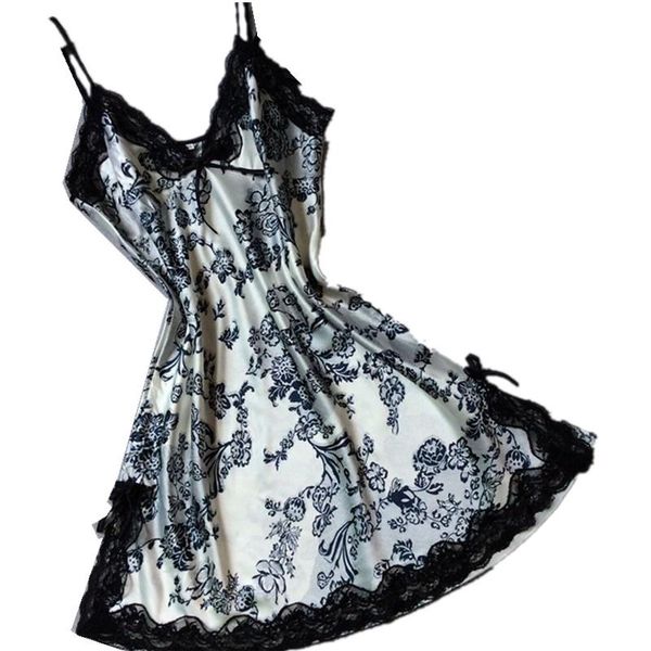 

black white new summer style mini sleepwear for women print satin silk nightwear deep v-neck temptation nightgowns, Black;red