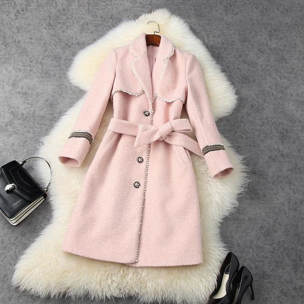 

women's wool & blends european and american wear 2021 winter style long sleeve lapel single breasted bead fashionable woollen cloth coa, Black