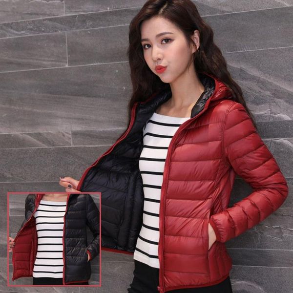 

women 2020 winter light thin white duck down double-sided hooded jackets female long sleeve warm coat ladies slim outwear p17, Black