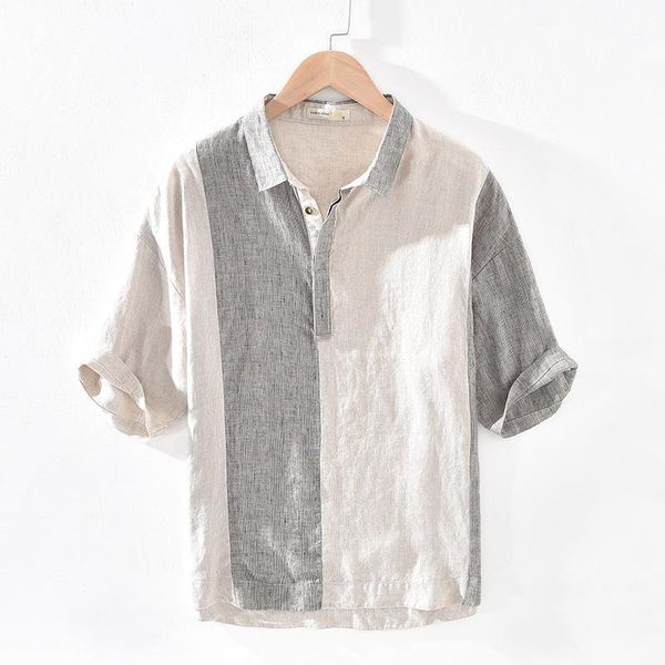 

men summer fashion japan style vintage 100% yarn-dyed patchwork linen half sleeve male casual pullover chic shirts1, White;black