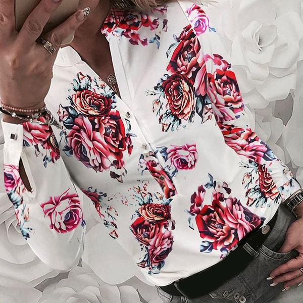 

new fashion women's shirts floral printed blouse long sleeve shirts spring printing button women's blouse, White