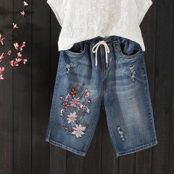 

summer thin flower embroidered shorts jeans woman holes ripped ladies vacation beach capris denim shorts pants jean femme, Blue