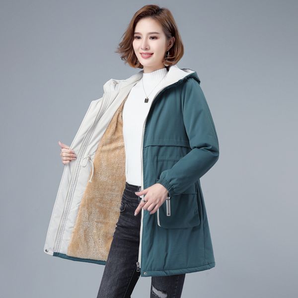 

2021 new winter parker women jacket new hooded fleece mid-length workwear cotton clothing plus size female basic coat outerwear h594 bpe1, Black