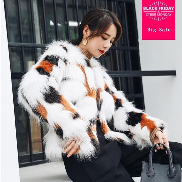 

winter women's jacket three-color jacquard patchwork imitation fur short coat female long sleeve slim faux fur outwear l1525, Black