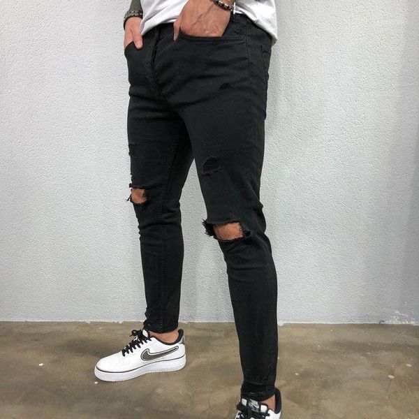 

jeans knee hole denim street wear ripped hip-hop men distressed ruined pencil pants slim trousers ruin hip hop jeans for man1, Blue