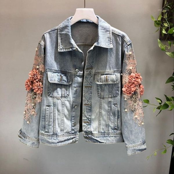 

autumn women embroidery three dimensional flowers pearl bead short denim coat woman long sleeve jean jacket feminina coats1, Black;brown