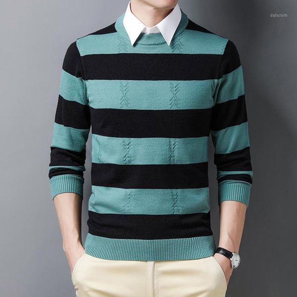 

2020 men's autumn new big striped sweater teen fashion round neck pullover sweater1, White;black