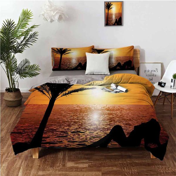 

silhouette of lady and palm tree on tropical beach at sunset horizon scenery printbedding 3-piece set