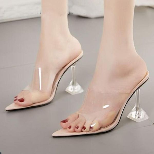 

dress shoes 2021 fashion sandals large size transparent slippers high heel pointed cwf, Black
