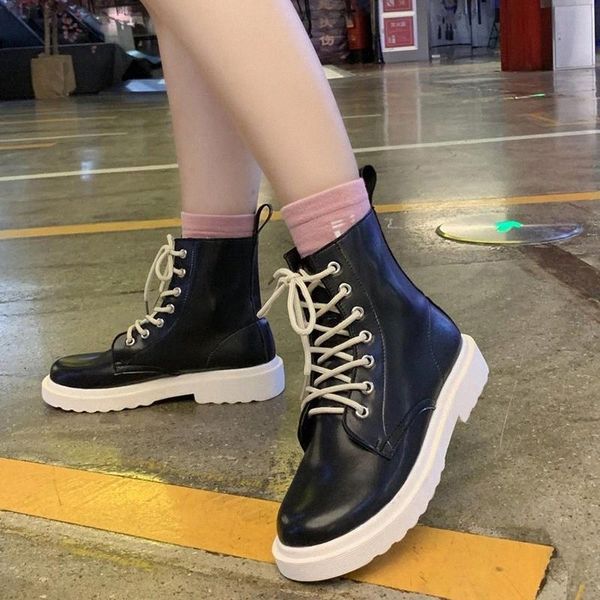

lucyever casual lace up pu leather boots women 2020 thick bottom platform ankle boots woman beige black rubber shoes female #i89t