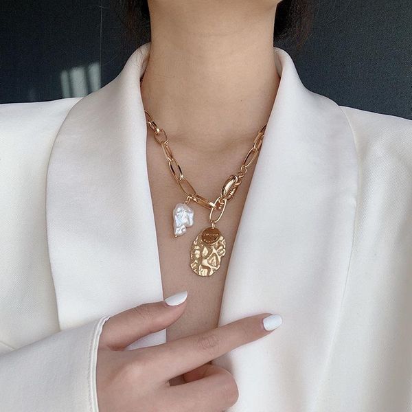 

srcoi retro design irregular shaped freshwater pearls necklace baroque gold silver color long chain punk metal leaf necklace