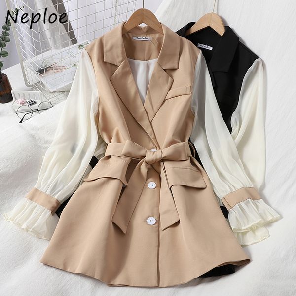 

neploe women dress autumn 2021 fashion patchwork chiffon long sleeve sashes temperament notched collar korean gentleness dresses y0118, Black;gray