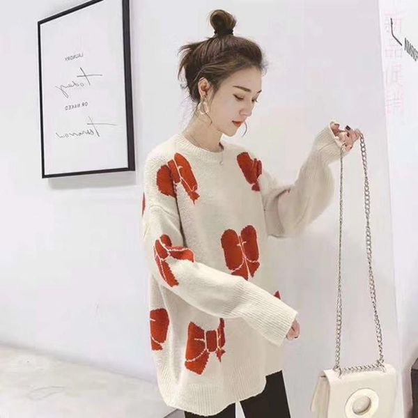 

sweet style bow pattern women's knitted pullover fashion trend round neck long sleeve sweater knitting sweaters mm1, White;black