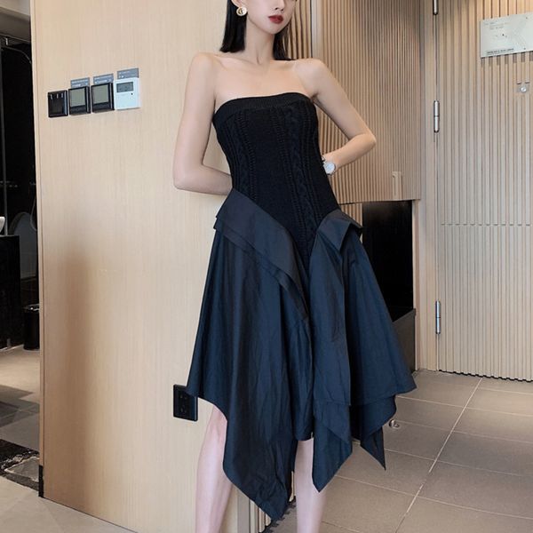 

ewq] 2020 spring autumn new irregular ruffled hem knitted stitching design skirt korean loose high waist ladies bottom clothing 1014, Black